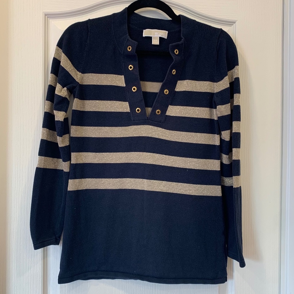 Michael Michael Kors Navy & Gold Striped Knit Top (S) | Grommet V-Neck Detail |